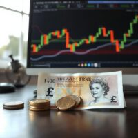 British pound notes and coins with a forex chart in the background, illustrating currency market analysis.