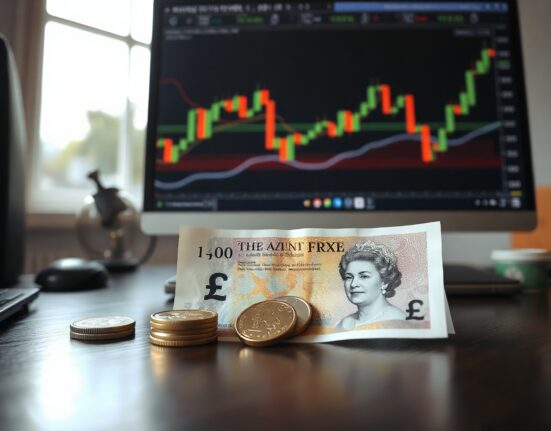 British pound notes and coins with a forex chart in the background, illustrating currency market analysis.