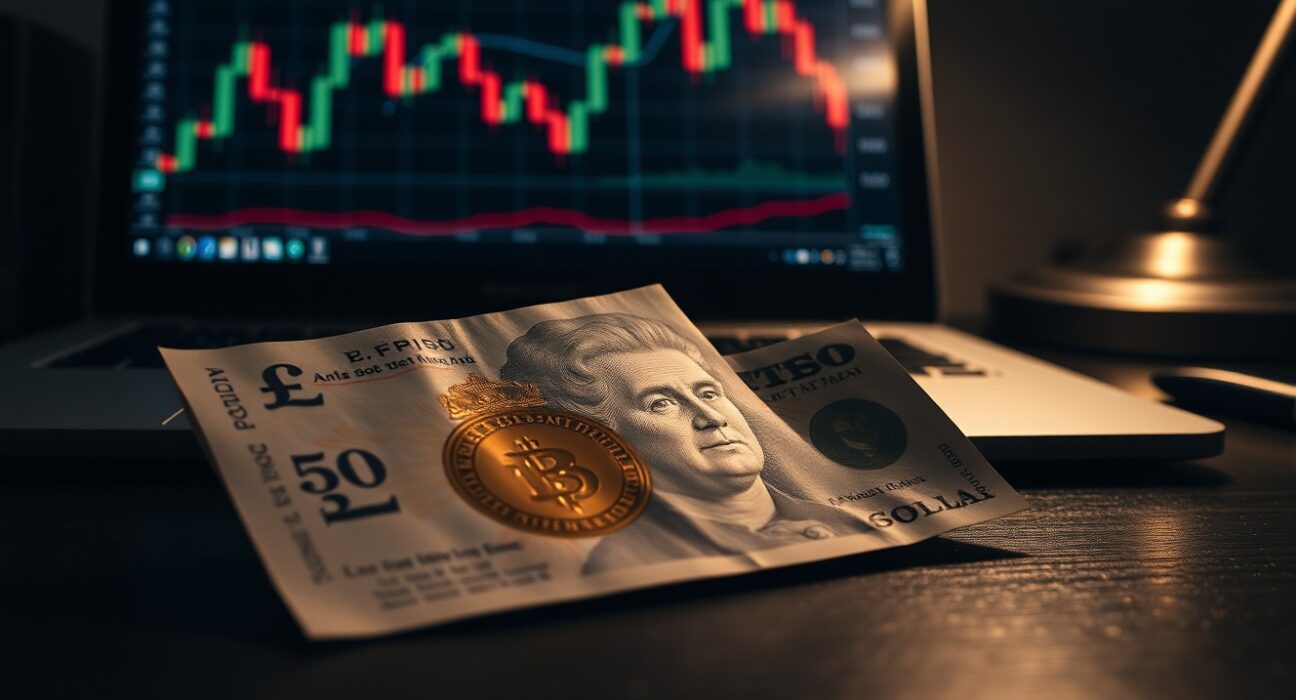 British pound and US dollar banknotes on a desk with a forex chart on a laptop screen in the background