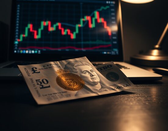 British pound and US dollar banknotes on a desk with a forex chart on a laptop screen in the background