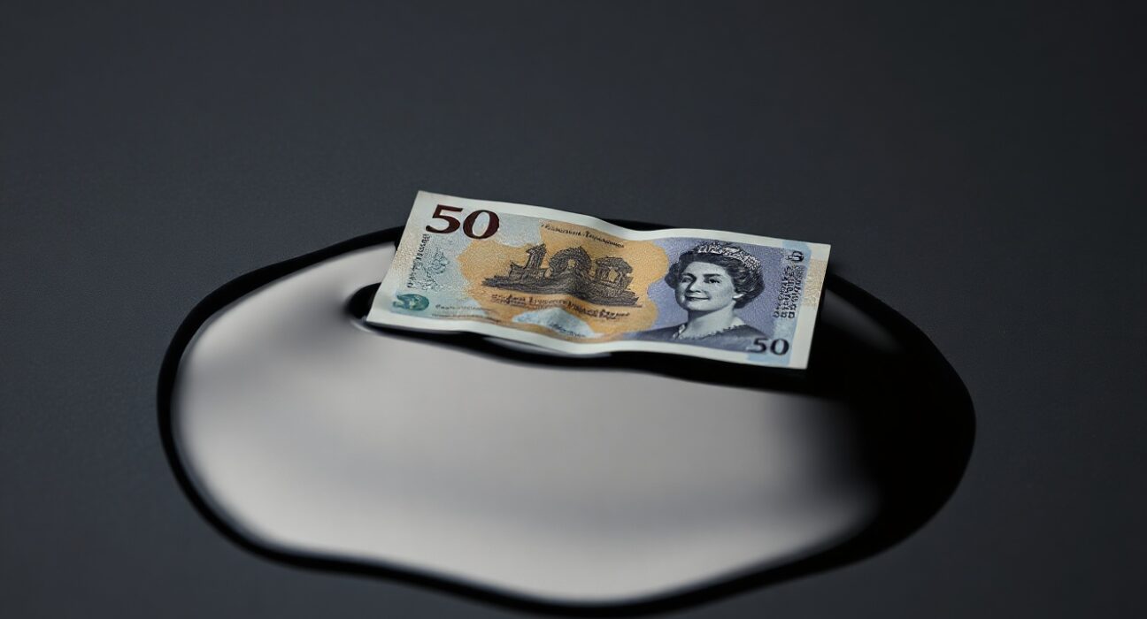 British Pound note partially submerged in crude oil illustrating inflation and energy price impact