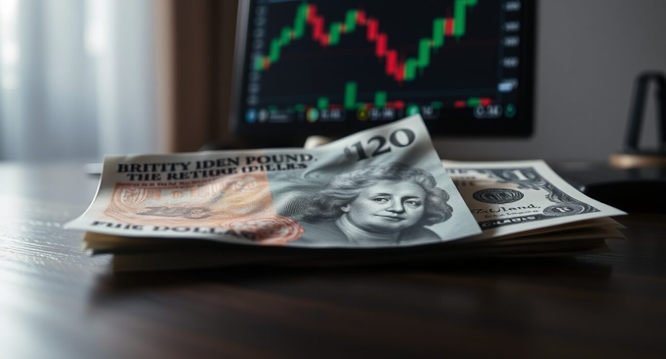 British Pound and US Dollar banknotes on a desk with a blurred trading screen in the background.