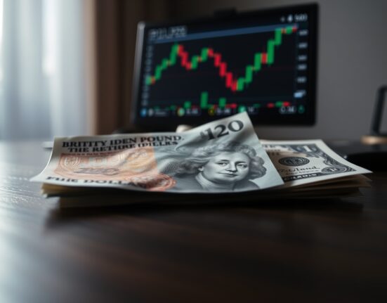 British Pound and US Dollar banknotes on a desk with a blurred trading screen in the background.