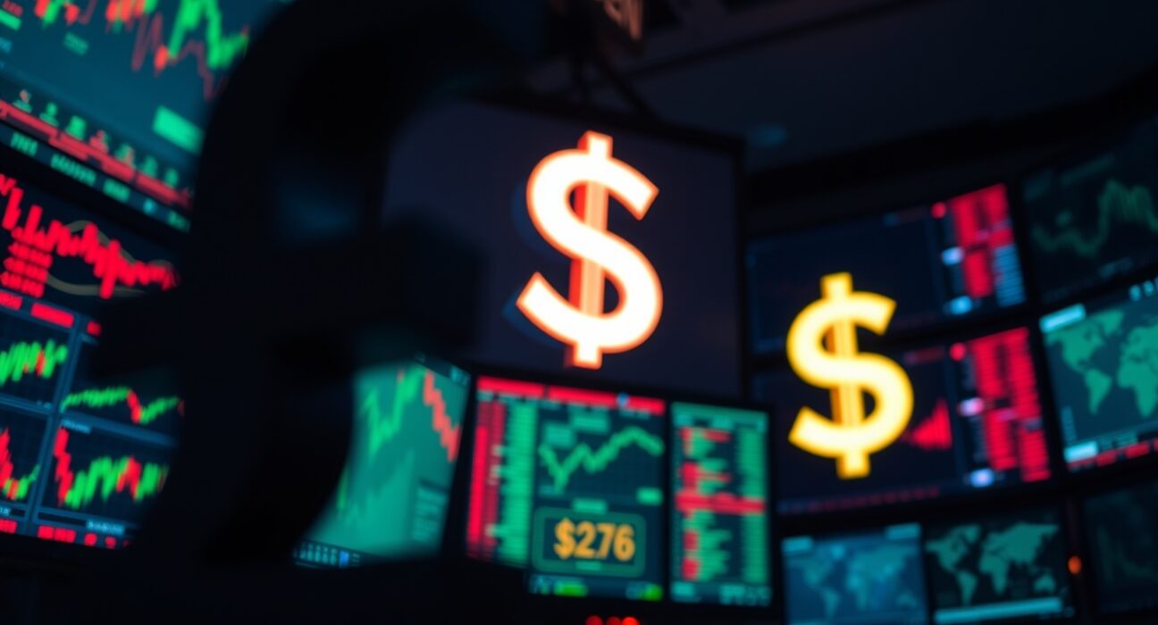 British pound symbol blurred in foreground with sharp US dollar symbol and trading screens in background