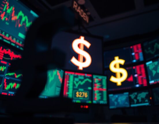 British pound symbol blurred in foreground with sharp US dollar symbol and trading screens in background