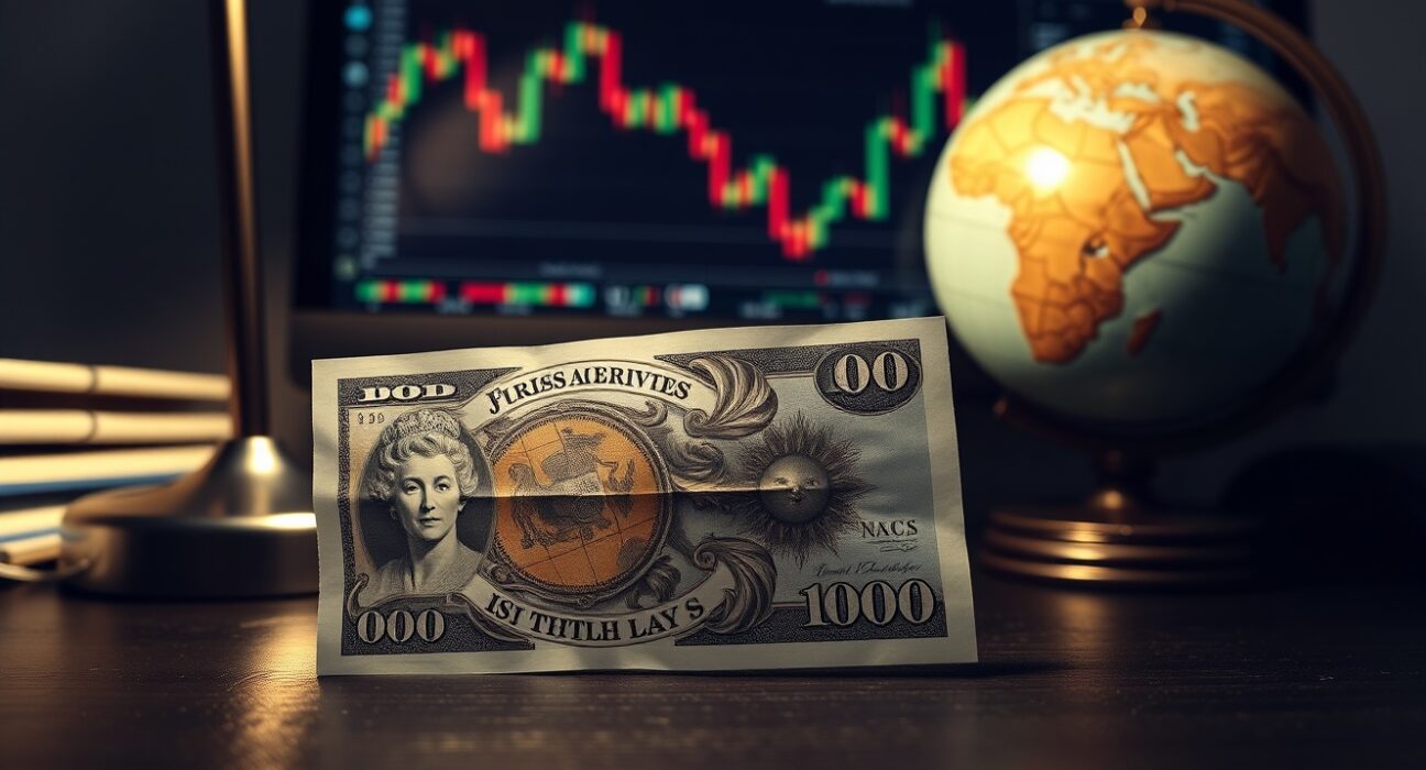 British Pound and US Dollar banknotes on a desk with a globe and chart in background, representing forex market pressure.