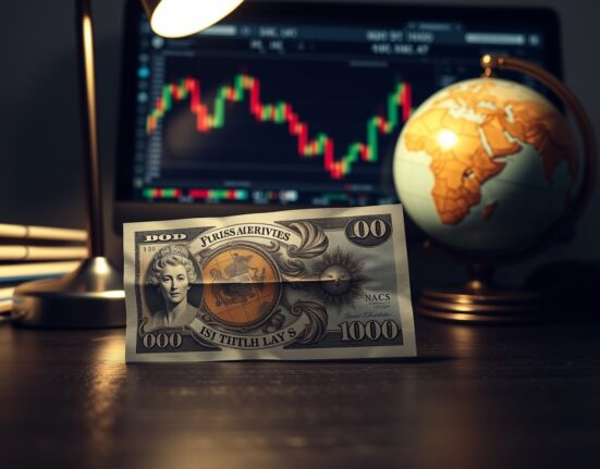 British Pound and US Dollar banknotes on a desk with a globe and chart in background, representing forex market pressure.