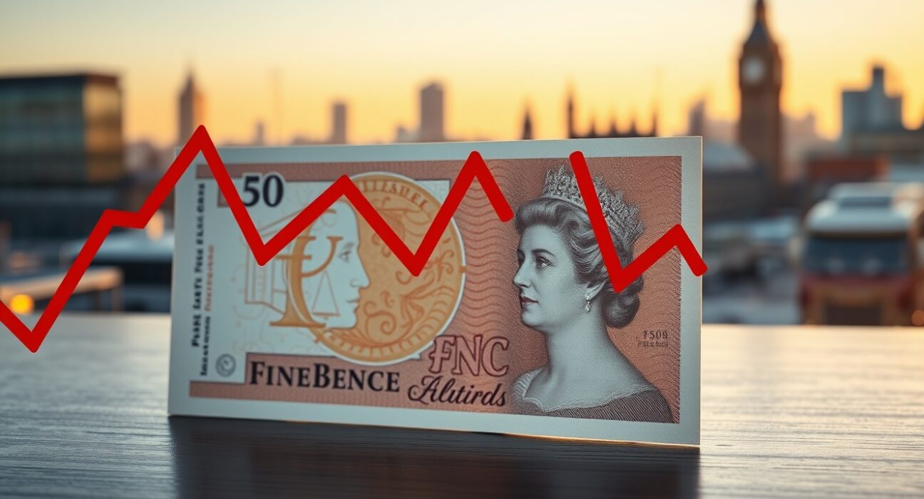 British pound banknote with falling red chart line against London skyline background