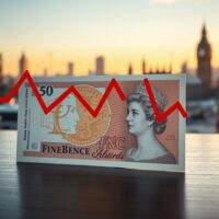 British pound banknote with falling red chart line against London skyline background