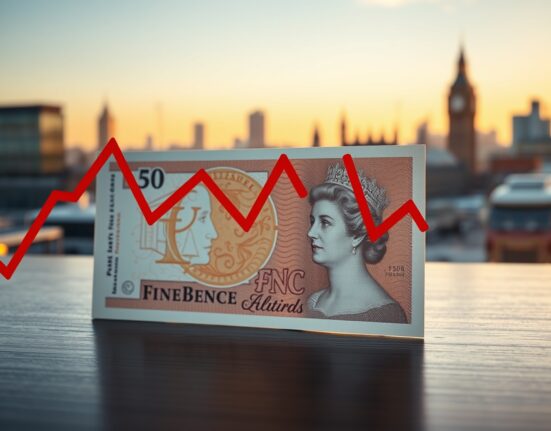 British pound banknote with falling red chart line against London skyline background