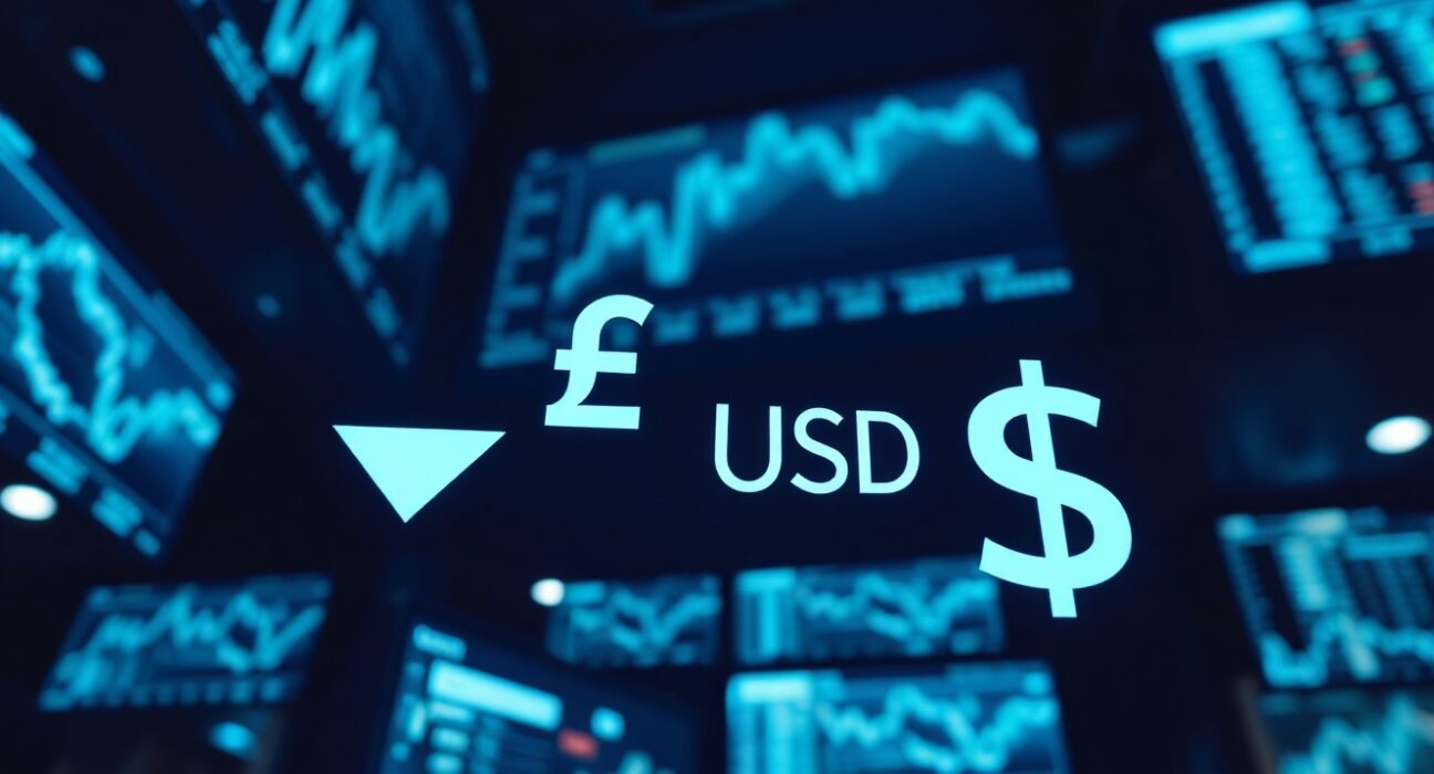 GBP/USD currency pair on trading screen showing Pound falling and Dollar rising