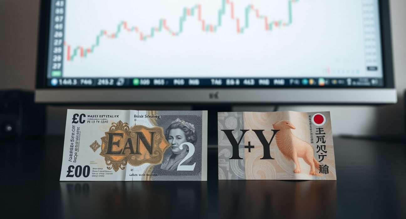 GBP and JPY banknotes on desk with forex chart in background