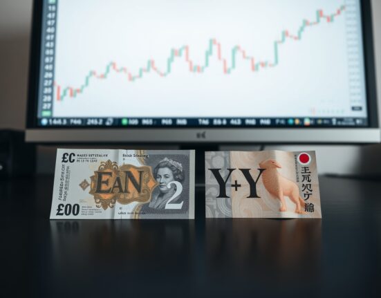 GBP and JPY banknotes on desk with forex chart in background