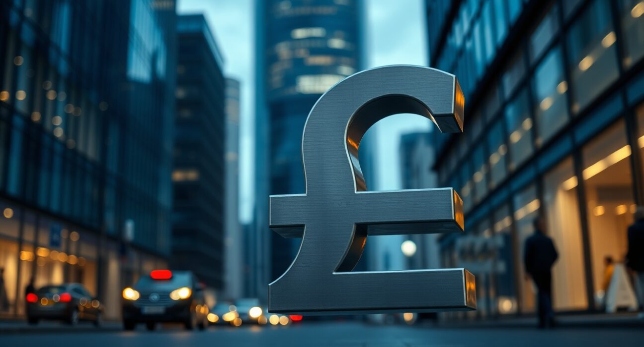 British pound symbol against London financial district skyline at dusk