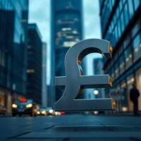 British pound symbol against London financial district skyline at dusk
