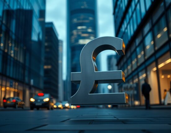 British pound symbol against London financial district skyline at dusk