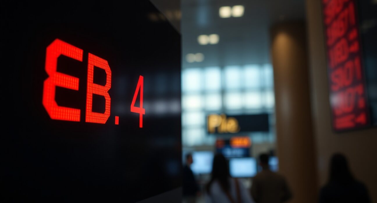 Digital currency exchange board showing GBP/USD rate in red on a trading floor