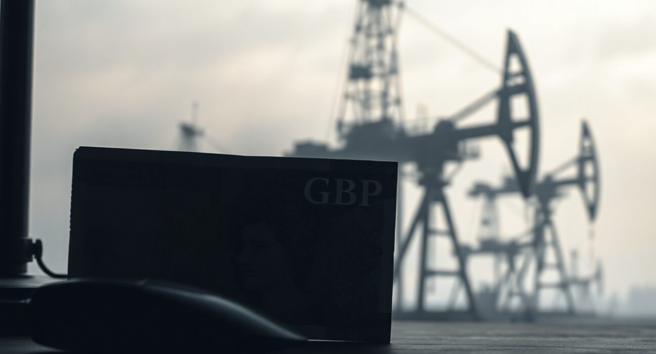 British Pound Sterling banknote partially shadowed by rising oil prices, representing inflation fears.