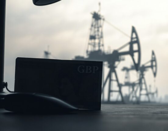 British Pound Sterling banknote partially shadowed by rising oil prices, representing inflation fears.