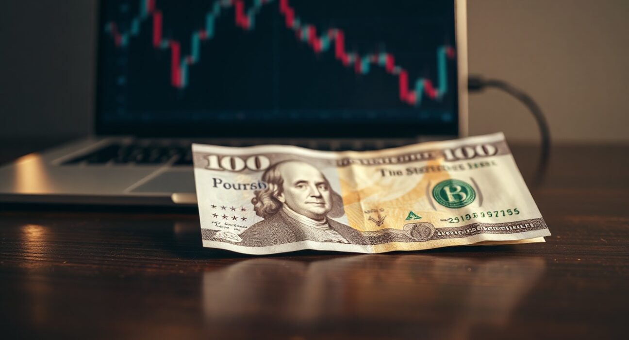 British Pound and US Dollar banknotes on a desk with a chart on a laptop, representing currency market movements.