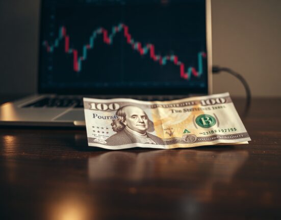 British Pound and US Dollar banknotes on a desk with a chart on a laptop, representing currency market movements.