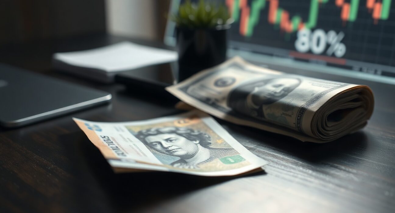 British Pound and US Dollar banknotes with a financial chart background, representing currency market movements.