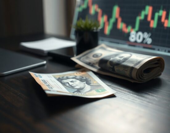 British Pound and US Dollar banknotes with a financial chart background, representing currency market movements.