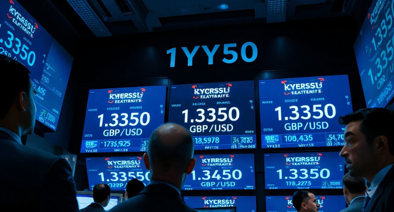 Foreign exchange trading screens showing GBP/USD exchange rate at 1.3350 during market reaction to geopolitical news.