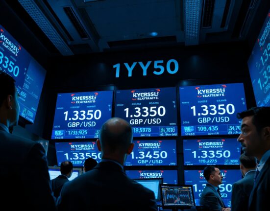 Foreign exchange trading screens showing GBP/USD exchange rate at 1.3350 during market reaction to geopolitical news.