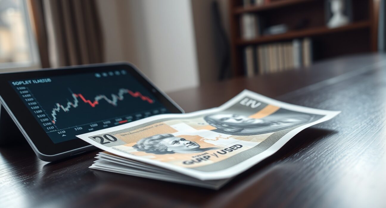 British pound sterling banknote with financial tablet showing declining exchange rate chart