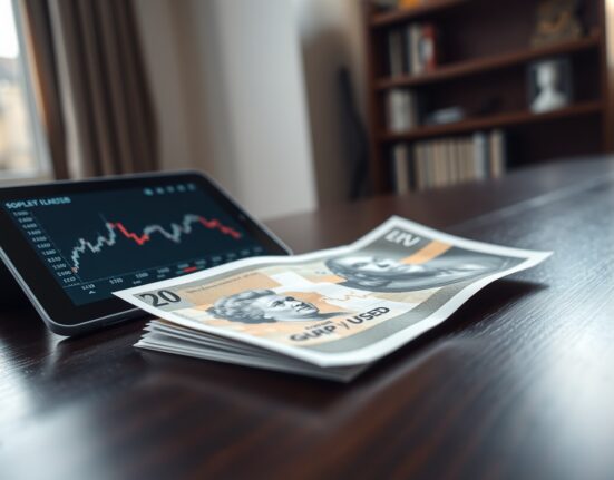 British pound sterling banknote with financial tablet showing declining exchange rate chart