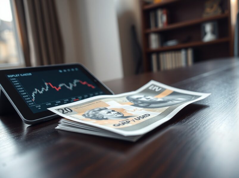 British pound sterling banknote with financial tablet showing declining exchange rate chart