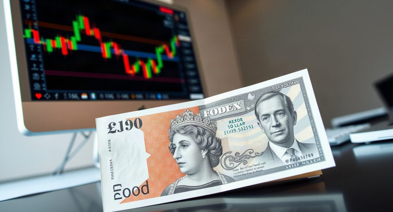 British Pound and US Dollar banknotes with a forex chart in the background, illustrating GBP/USD movement.