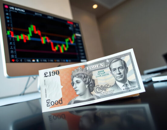 British Pound and US Dollar banknotes with a forex chart in the background, illustrating GBP/USD movement.