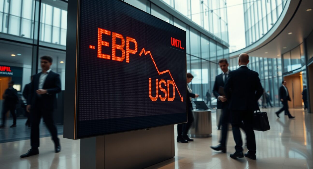 Digital currency exchange board showing GBP/USD rate in red, indicating a decline in the British Pound against the US Dollar.
