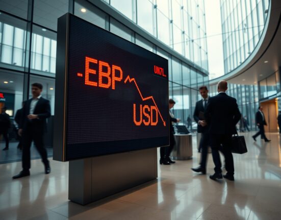 Digital currency exchange board showing GBP/USD rate in red, indicating a decline in the British Pound against the US Dollar.