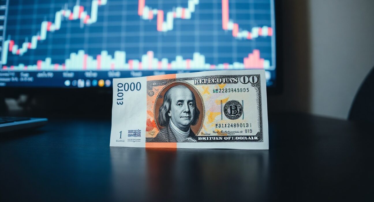 British Pound and US Dollar banknotes on a table with a financial chart in the background.
