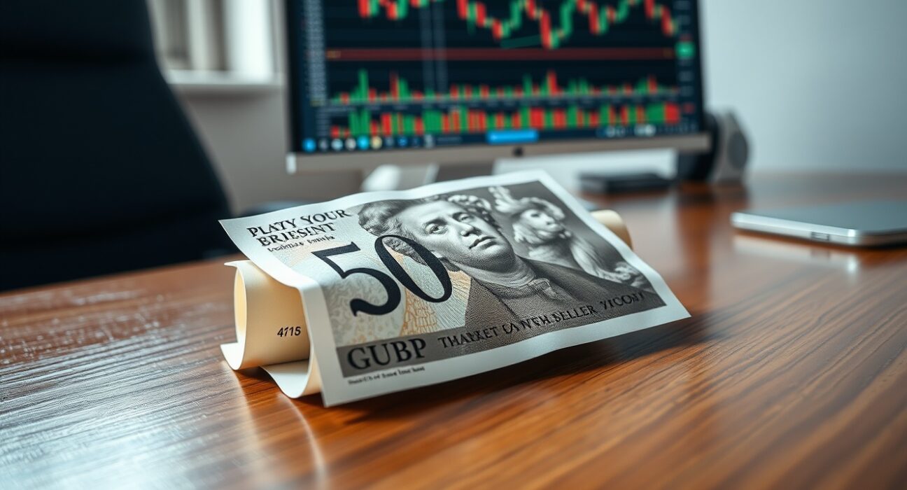 British Pound banknote on desk with financial chart showing downward trend