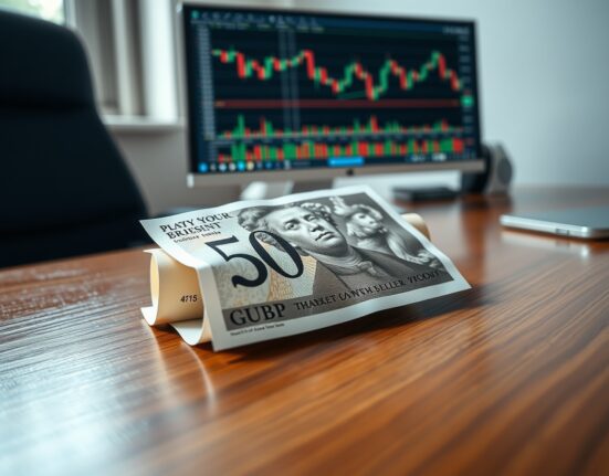 British Pound banknote on desk with financial chart showing downward trend