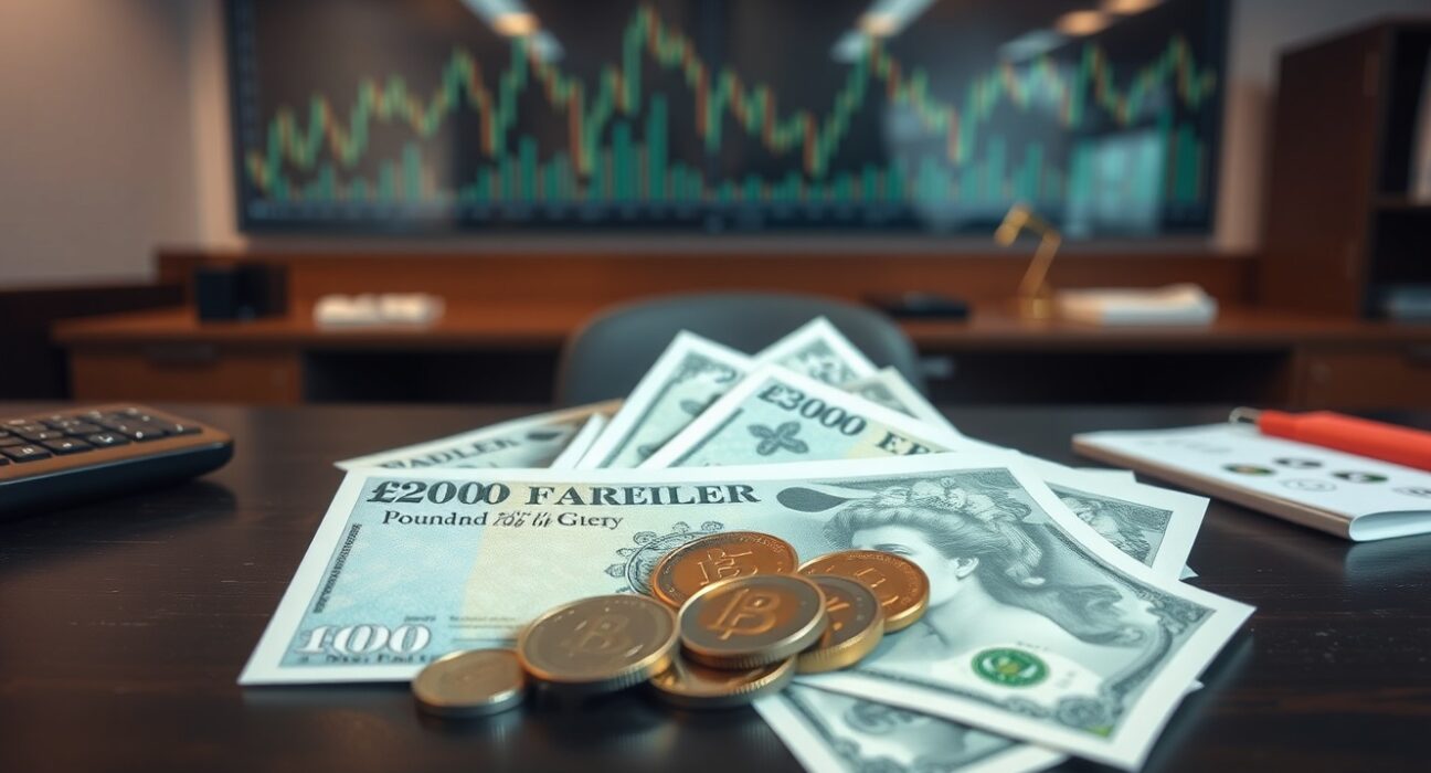 British Pound Sterling banknotes and coins on a desk representing currency market analysis.