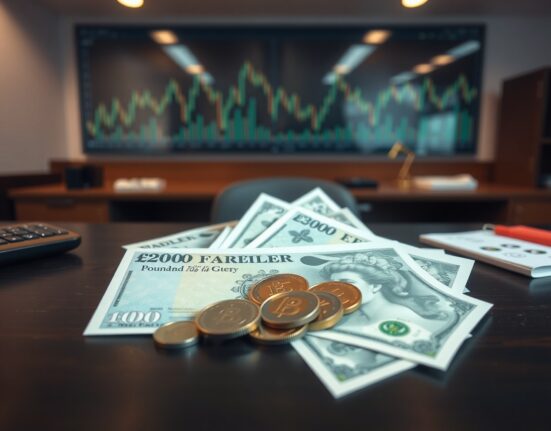 British Pound Sterling banknotes and coins on a desk representing currency market analysis.