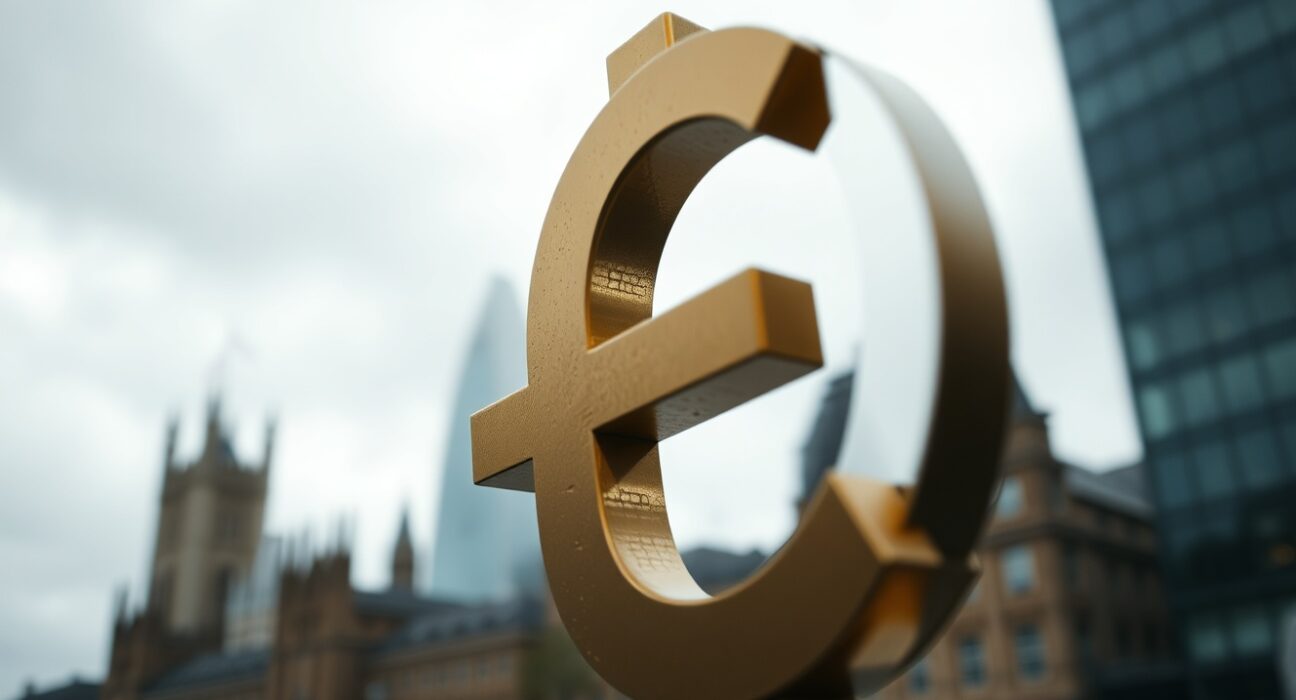 British pound symbol in foreground with London financial district skyline in background on a cloudy day