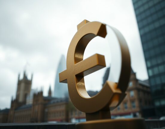 British pound symbol in foreground with London financial district skyline in background on a cloudy day
