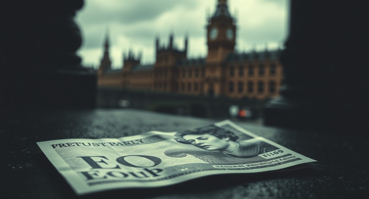 British Pound banknote with Houses of Parliament in blurred background under overcast sky