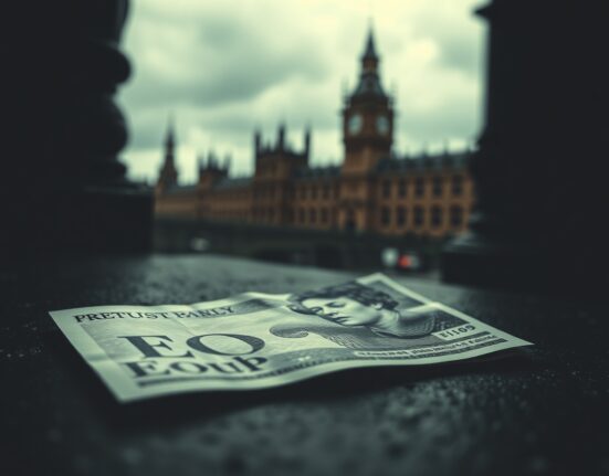 British Pound banknote with Houses of Parliament in blurred background under overcast sky