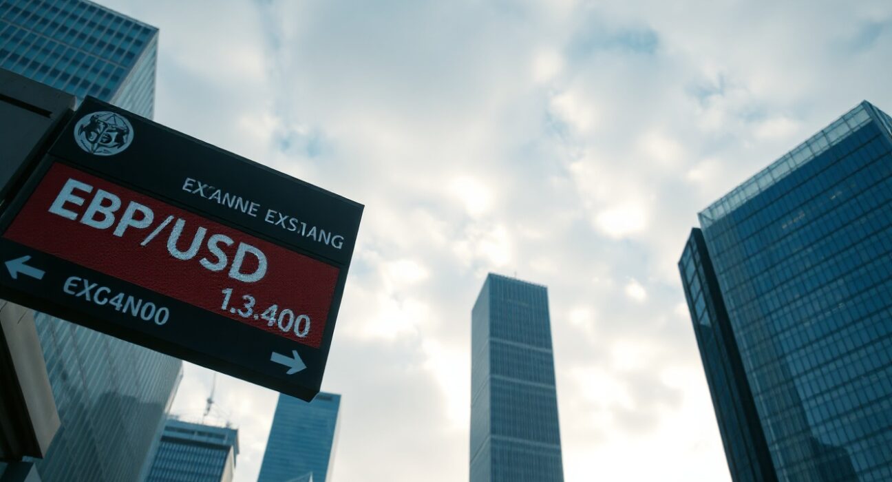 Currency exchange board showing GBP/USD rate near 1.3400 in financial district