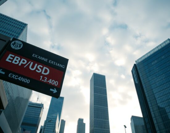 Currency exchange board showing GBP/USD rate near 1.3400 in financial district