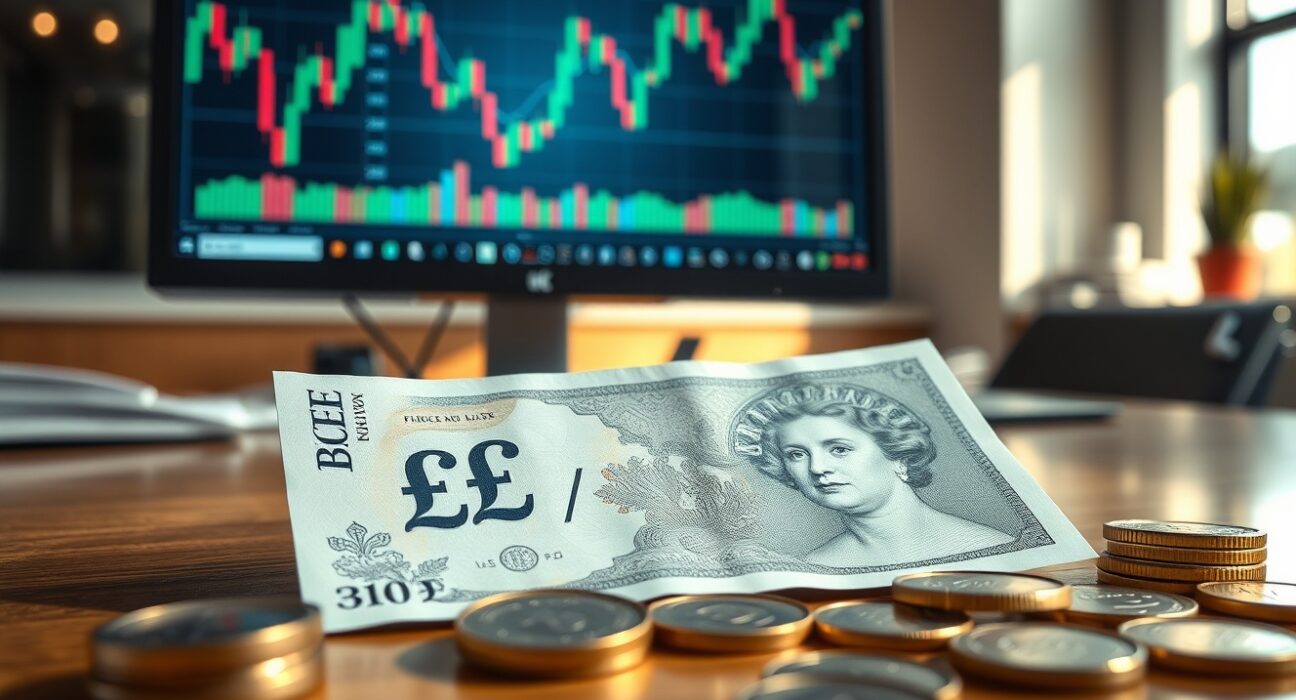 British pound banknotes and coins on a desk with a GBP/USD chart on a monitor