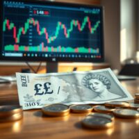 British pound banknotes and coins on a desk with a GBP/USD chart on a monitor