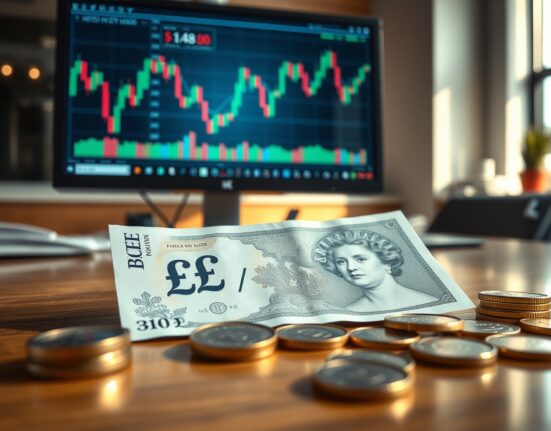 British pound banknotes and coins on a desk with a GBP/USD chart on a monitor